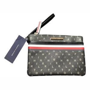Tommy Hilfiger Women’s Black and Red Monogram Coated Canvas Clutch Wristlet Bag
